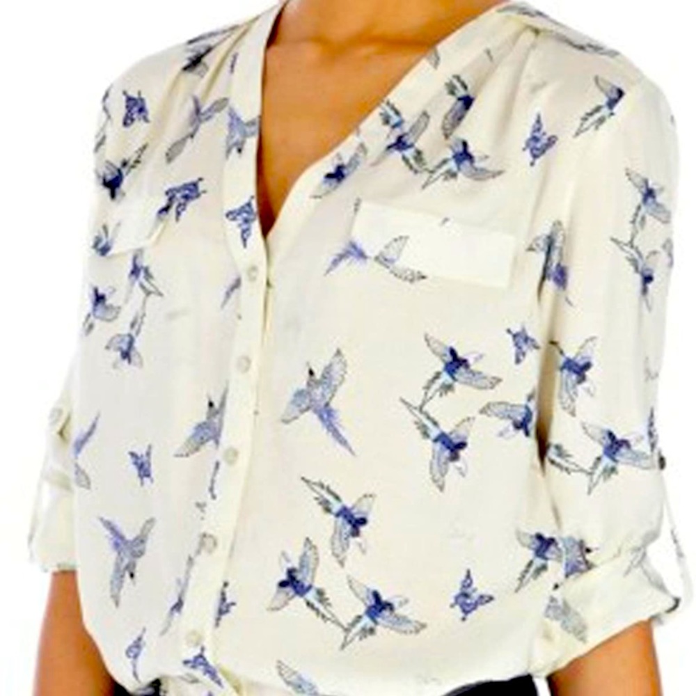 Women’s V-Neck Button Down Bird Print Blouse